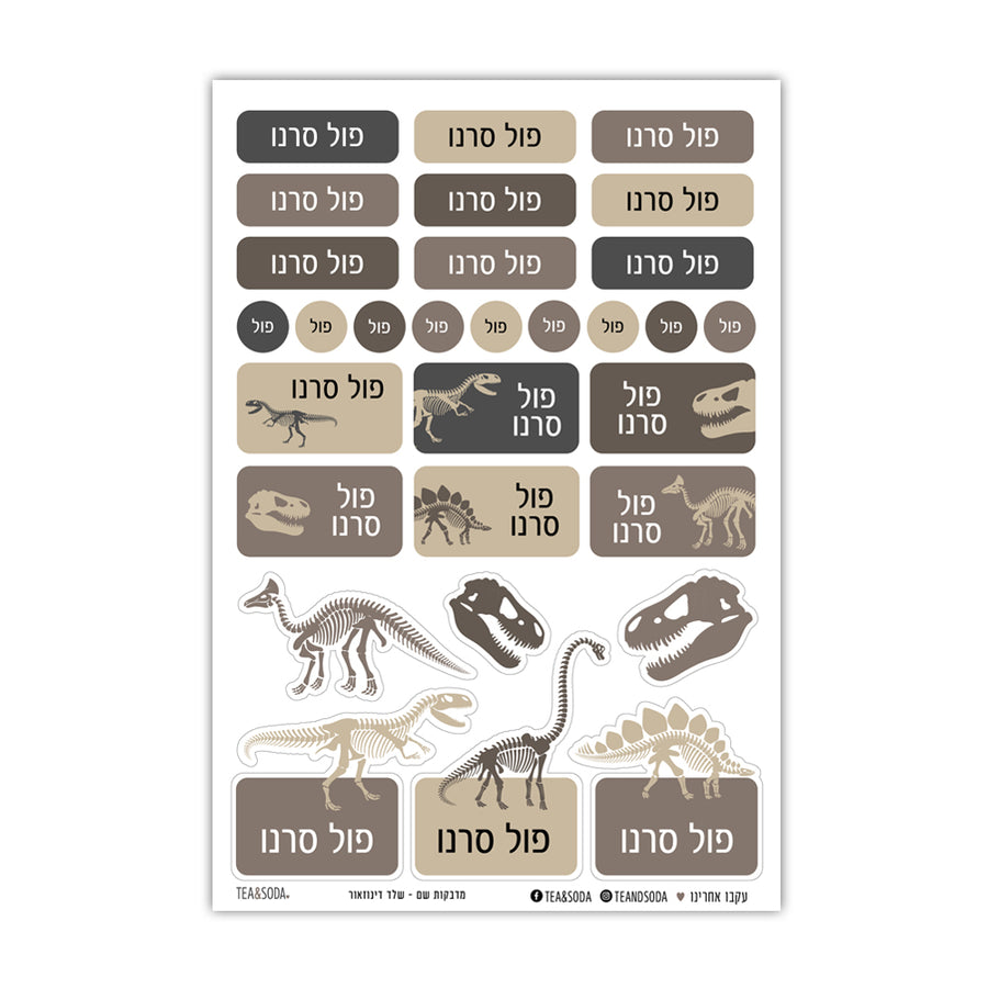 מדבקות שם שלד דינוזאור לבית ספר או לגן